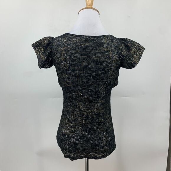 Arden B Top Womens S Lace Metallic Non Iron Scoop Neck Flutter Cap Sleeve Blouse - Picture 6 of 12